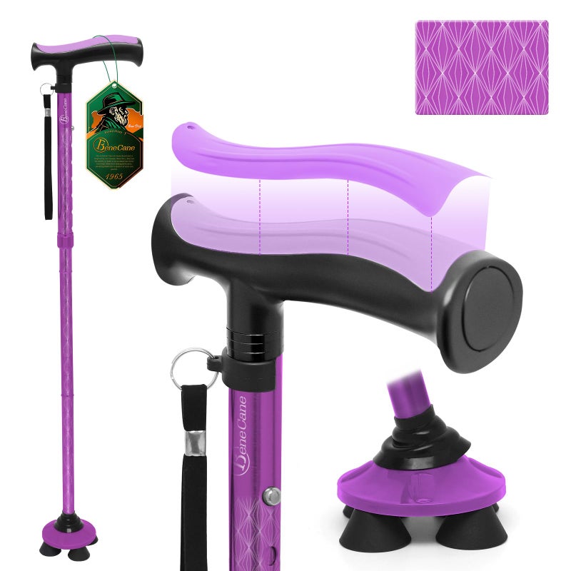 BeneCane Walking Cane for Men & Women Walking Stick for Seniors Folding Canes Quad Cane Adjustable Lightweight Sturdy Collapsible Heavy Duty with Soft TPR T-Handle and Travel Bag - Image 1