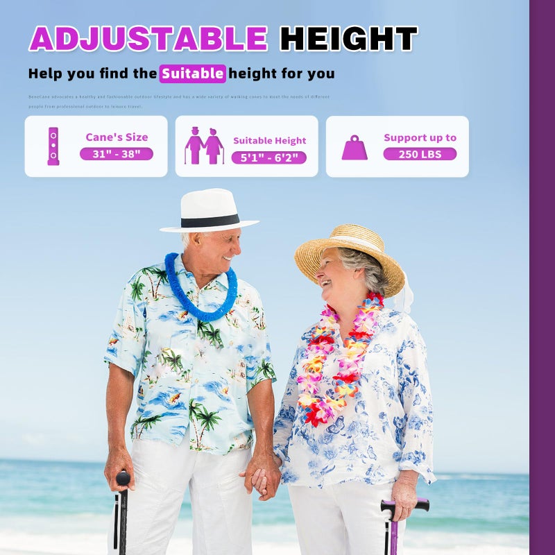 BeneCane Walking Cane for Men & Women Walking Stick for Seniors Folding Canes Quad Cane Adjustable Lightweight Sturdy Collapsible Heavy Duty with Soft TPR T-Handle and Travel Bag - Image 5