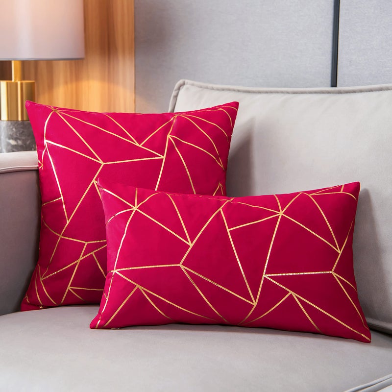 YONGLIU YONGLIU Pack of 2 Velvet Cushion Cases Decorative Gold Foil Geometric Pattern Soft Square Throw Pillow Covers for Christmas Couch Sofa Bedroom Living Room Car(Red and Gold  18X18 )  - Image 4