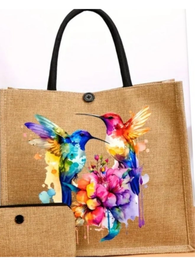 Bird Print Jute Tote Bag Set Gift For Women