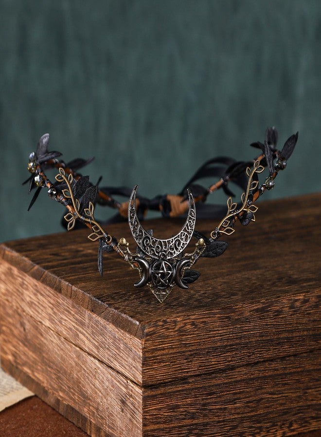 MOSTORY Handmade Moon Elf Headdress - Forest Antler Crown Fairy Goddess Tiara Elf Circlet Medieval Queen for Women Girls Halloween Cosplay Renaissance Black - Image 4