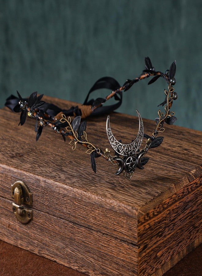 MOSTORY Handmade Moon Elf Headdress - Forest Antler Crown Fairy Goddess Tiara Elf Circlet Medieval Queen for Women Girls Halloween Cosplay Renaissance Black - Image 3