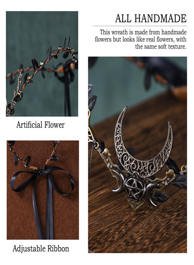 MOSTORY Handmade Moon Elf Headdress - Forest Antler Crown Fairy Goddess Tiara Elf Circlet Medieval Queen for Women Girls Halloween Cosplay Renaissance Black - Image 5