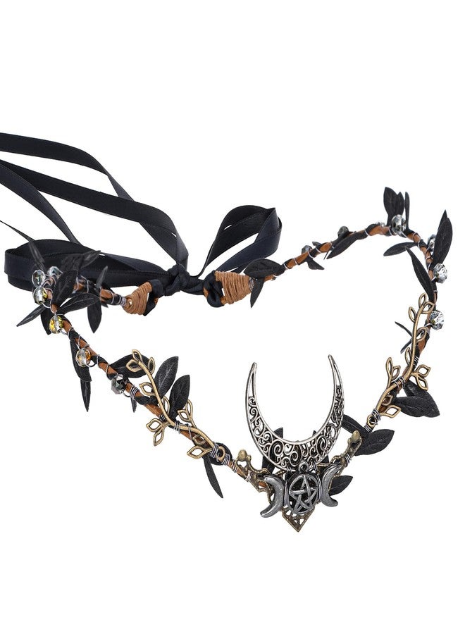 MOSTORY Handmade Moon Elf Headdress - Forest Antler Crown Fairy Goddess Tiara Elf Circlet Medieval Queen for Women Girls Halloween Cosplay Renaissance Black - Image 1