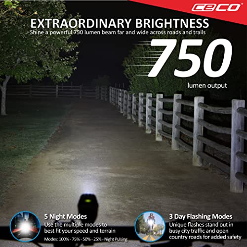 CECO-USA: 750 Lumen Headlight & 80 Lumen COB LED Tail Light for Cyclists who Want to See far & to be seen from Super Wide Angle. Brightest USB Rechargeable Bike Light Set Available for All Cyclists - Image 2