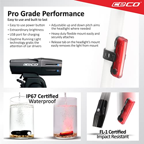 CECO-USA: 750 Lumen Headlight & 80 Lumen COB LED Tail Light for Cyclists who Want to See far & to be seen from Super Wide Angle. Brightest USB Rechargeable Bike Light Set Available for All Cyclists - Image 5