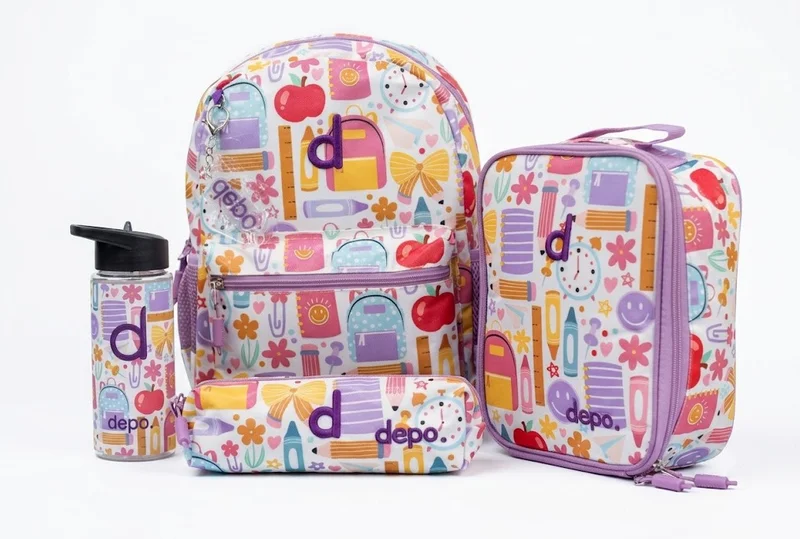 Depo DEPO 4-Piece School Set for Kids – Multicolor Fun School Pattern, 35.5cm Backpack with Insulated Lunch Bag, Pencil Case & 500ml Water Bottle