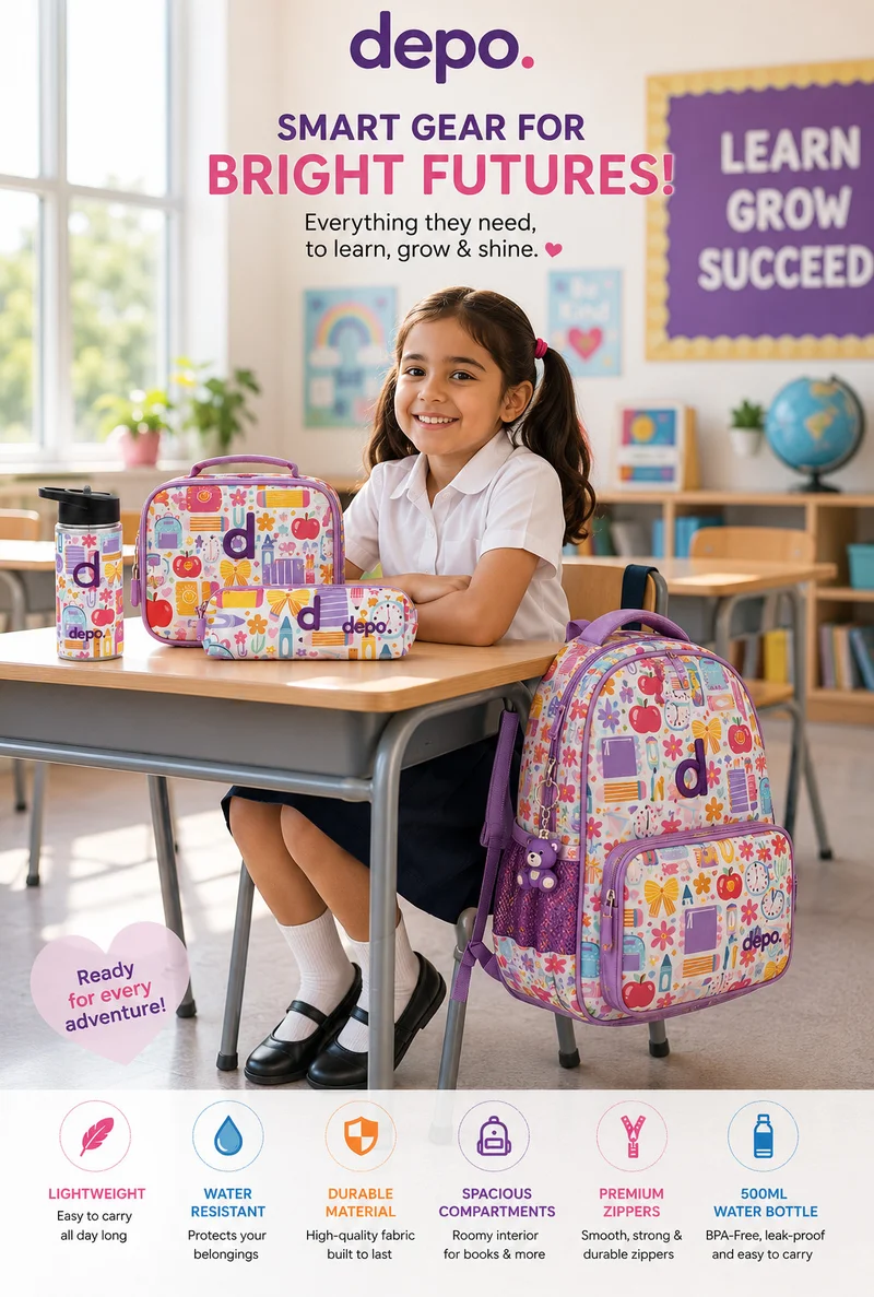 Depo DEPO 4-Piece School Set for Kids – Multicolor Fun School Pattern, 35.5cm Backpack with Insulated Lunch Bag, Pencil Case & 500ml Water Bottle