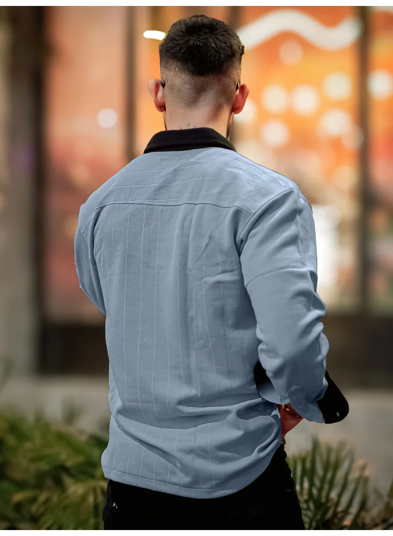 Maniac  Maniac Mens Solid Collared Neck Full Sleeve Light Grey and Black Cotton Shirt for Men | Best Price UAE
