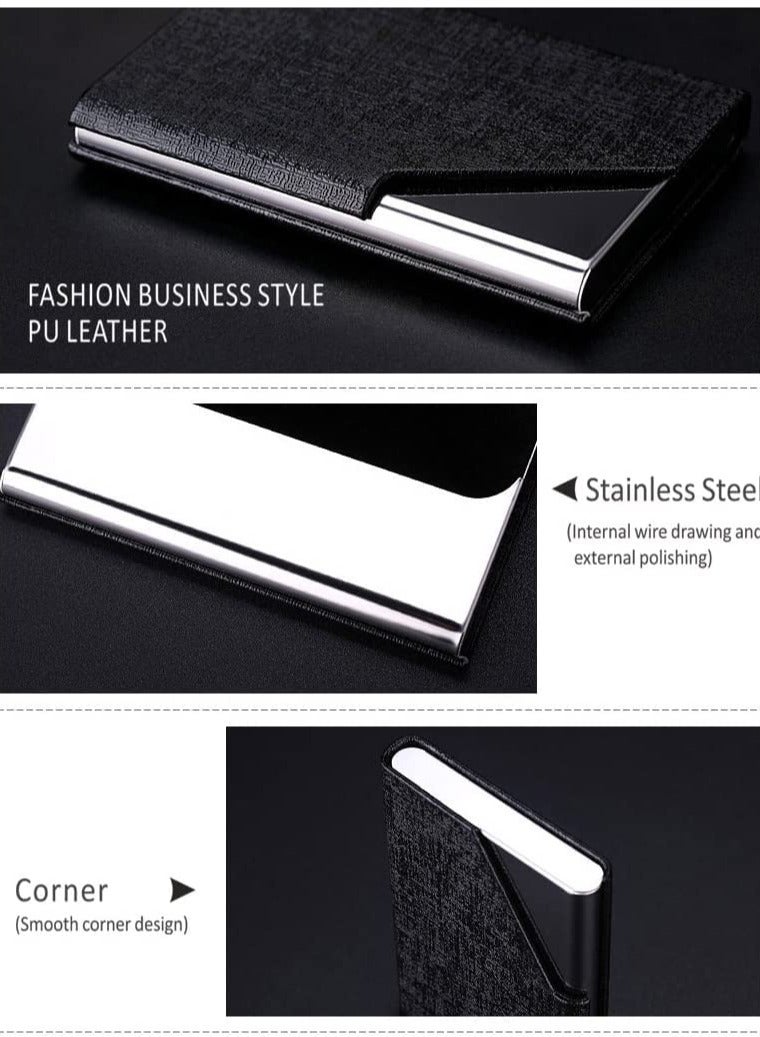 Business Card Holder, PU Leather & Stainless Steel Multi Business Name Cards Case, Pocket Wallet Credit Card ID Case for Men & Women (Black)