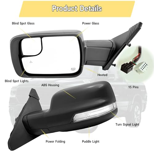VMDCcdz Left Driver Side Mirror Compatible With Dodge Ram 1500 2019-2024 With Power and Heated Glass Turn Signal Light and Puddle Light Temp Sensor Power Folding BSM Textured Back 15Pins - Image 2
