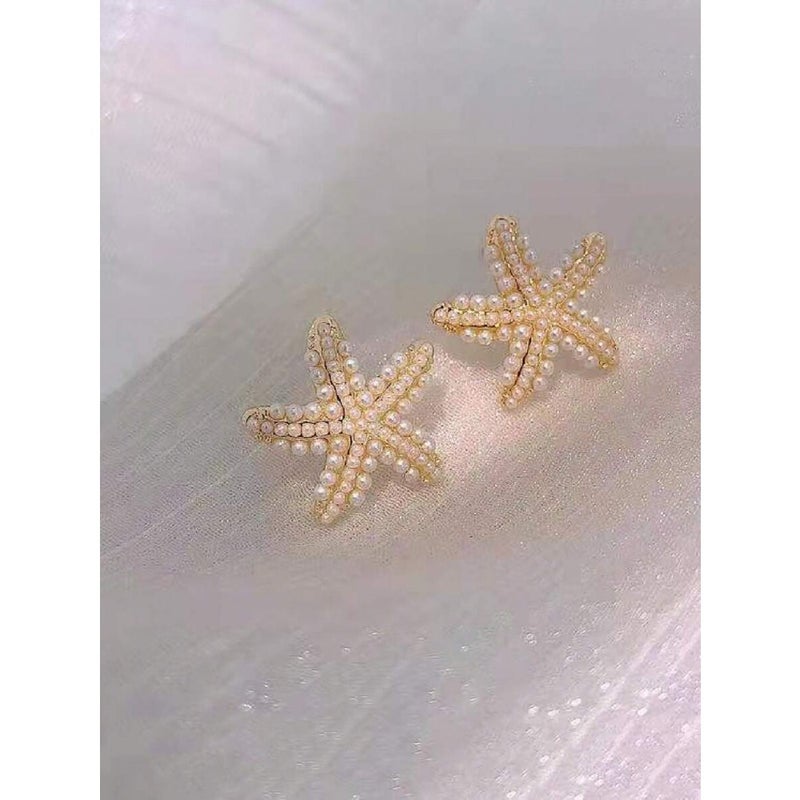 1pair Women's Seaside Beach Style Starfish Faux Pearl Stud Earrings, Perfect For Travel Outfits - Image 3