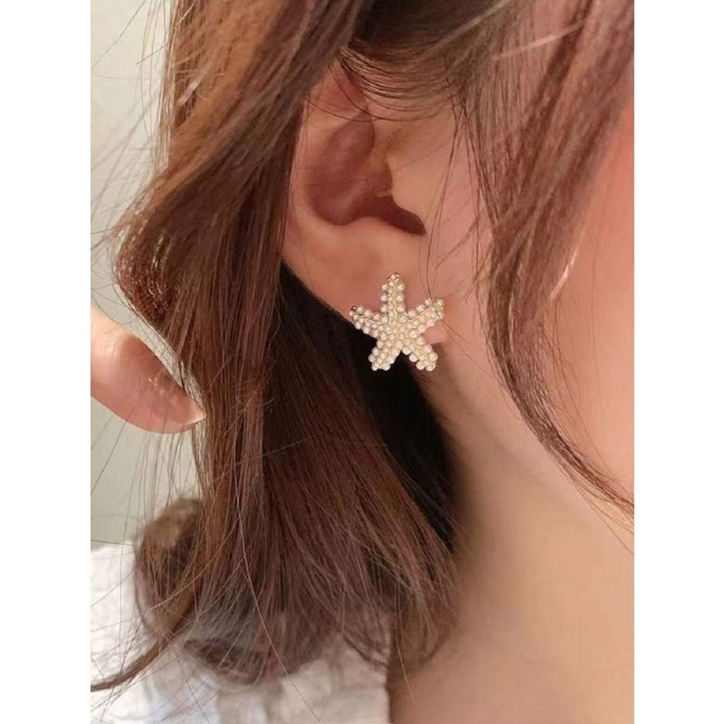 1pair Women's Seaside Beach Style Starfish Faux Pearl Stud Earrings, Perfect For Travel Outfits - Image 5