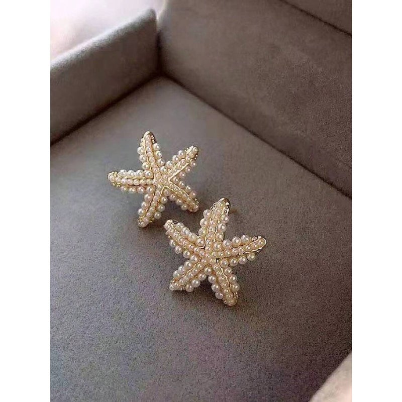 1pair Women's Seaside Beach Style Starfish Faux Pearl Stud Earrings, Perfect For Travel Outfits - Image 2