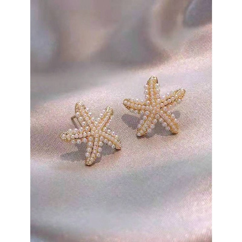 1pair Women's Seaside Beach Style Starfish Faux Pearl Stud Earrings, Perfect For Travel Outfits - Image 4