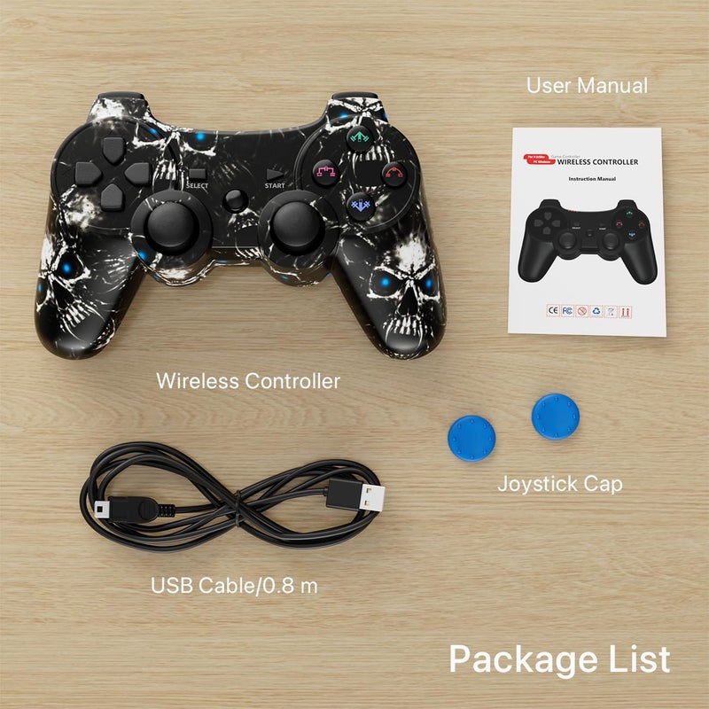 ISHAKO Controller for PS3, PC Wireless Controller Compatible with PlayStation 3, Windows Laptop, 6-Axis Motion, Dual Vibration, 450mAh Battery, 33ft Range, Black Skull Design - Image 2
