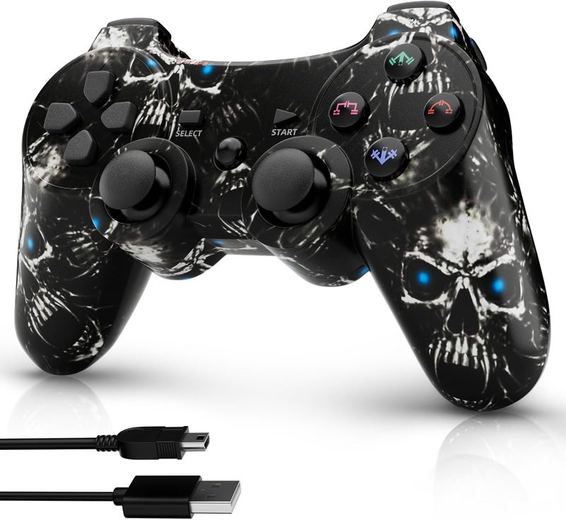 ISHAKO Controller for PS3, PC Wireless Controller Compatible with PlayStation 3, Windows Laptop, 6-Axis Motion, Dual Vibration, 450mAh Battery, 33ft Range, Black Skull Design - Image 1