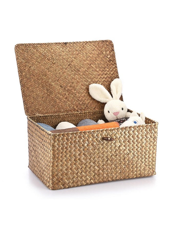 Hipiwe Wicker Shelf Baskets Bin with Lid, Handwoven Seagrass Basket Storage Bins Rectangular Household Basket Boxes for Shelf Wardrobe Home Organizer, Coffee X-Large - Image 1