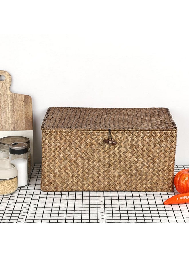 Hipiwe Wicker Shelf Baskets Bin with Lid, Handwoven Seagrass Basket Storage Bins Rectangular Household Basket Boxes for Shelf Wardrobe Home Organizer, Coffee X-Large - Image 2