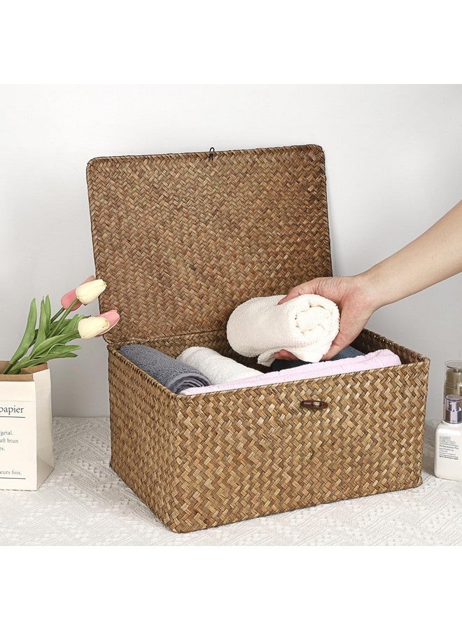 Hipiwe Wicker Shelf Baskets Bin with Lid, Handwoven Seagrass Basket Storage Bins Rectangular Household Basket Boxes for Shelf Wardrobe Home Organizer, Coffee X-Large - Image 3
