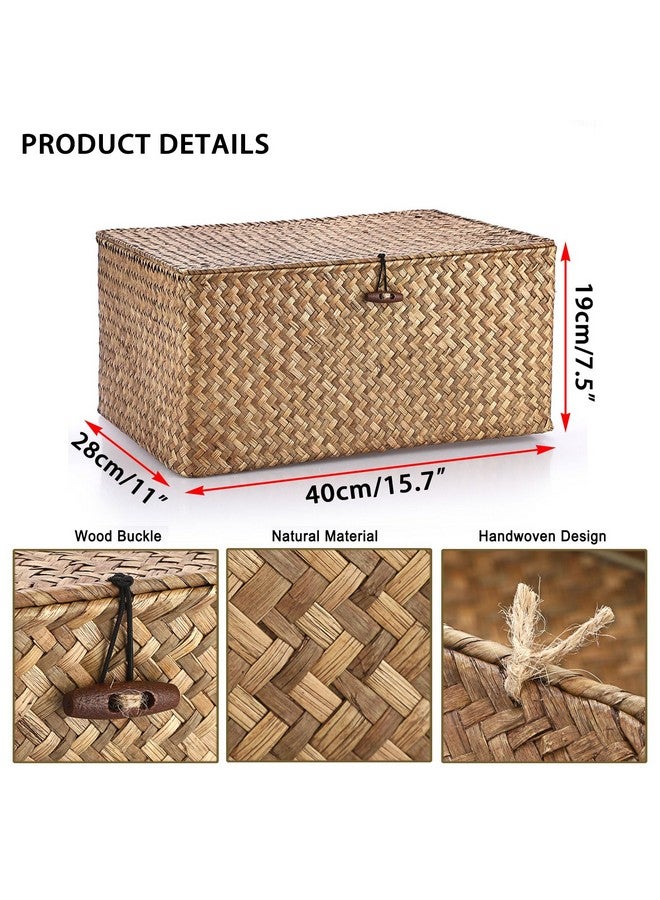 Hipiwe Wicker Shelf Baskets Bin with Lid, Handwoven Seagrass Basket Storage Bins Rectangular Household Basket Boxes for Shelf Wardrobe Home Organizer, Coffee X-Large - Image 5