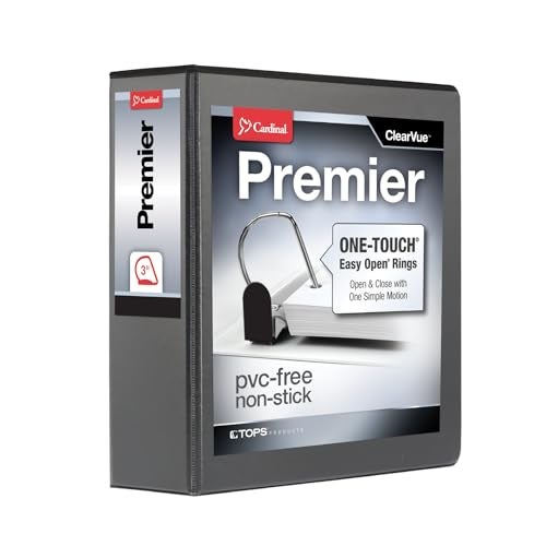 Cardinal 3 Ring Binder, Binders for School and Office, Durable 3 Inch Premier Easy Open Binder, ONE-Touch Slant-D Rings, 650-Sheet Capacity, ClearVue Cover, PVC-Free, Black (10331) - Image 1