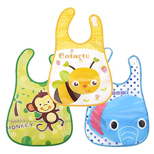DOMENICO Washable Colorful Waterproof Baby Apron cum Bib Unisex Cute Cartoon Baby Bib Drool Baby Bib Baby Feeding Bibs for Infant Toddler 9 Months to 6 Years Old- Random Print Pack of 3 - Image 2
