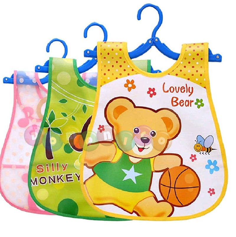 DOMENICO Washable Colorful Waterproof Baby Apron cum Bib Unisex Cute Cartoon Baby Bib Drool Baby Bib Baby Feeding Bibs for Infant Toddler 9 Months to 6 Years Old- Random Print Pack of 3 - Image 1
