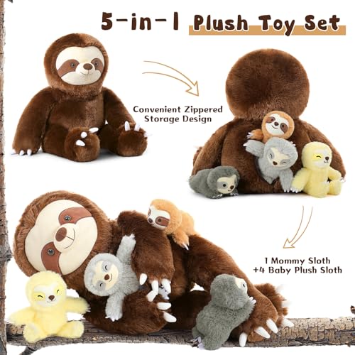 Tezituor Sloth Stuffed Animal with 4 Cute Babies 236 Large Soft Sloth Plush Toy Realistic ThreeToed Plushies Home Decor Birthday Gifts for Boys Girls - Image 5