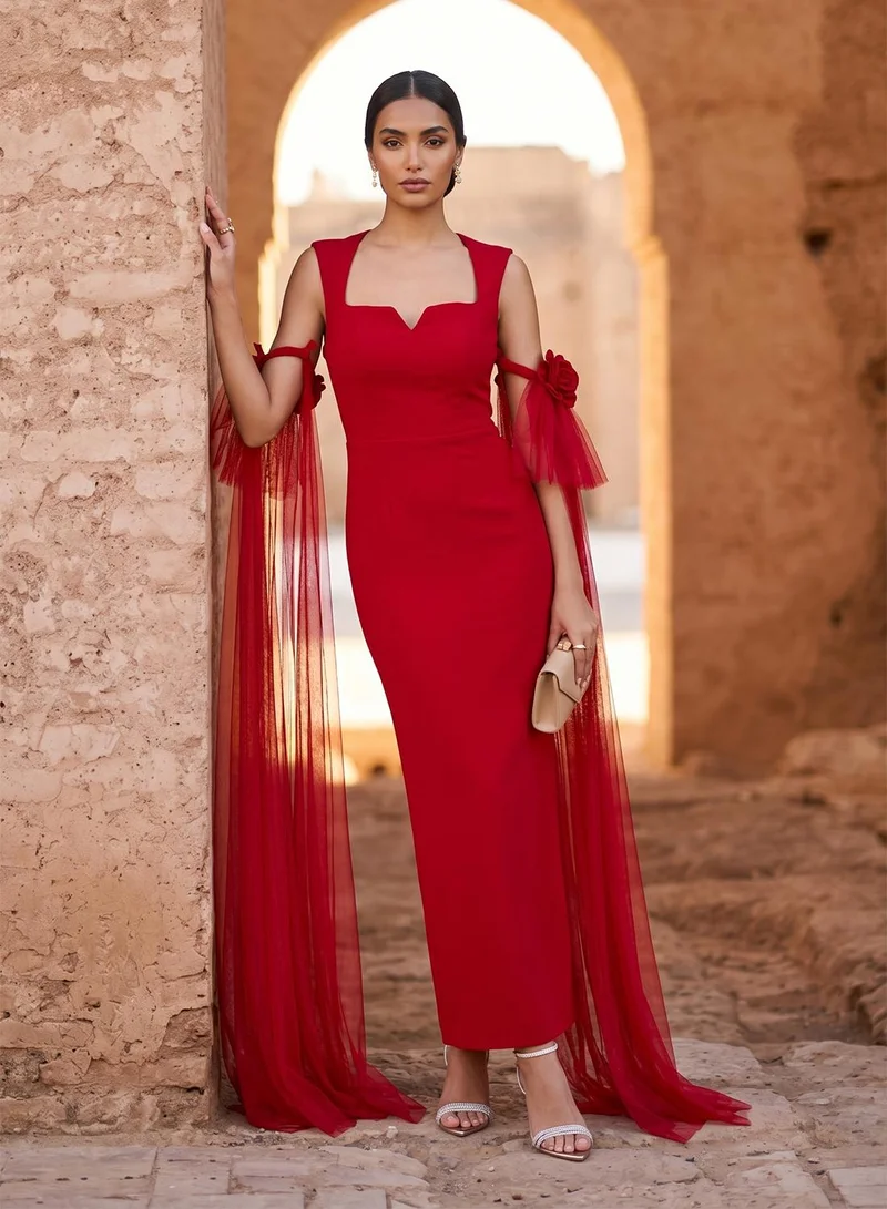 Threadz by Ajooni Sweetheart Neck Mesh Detail Maxi Dress