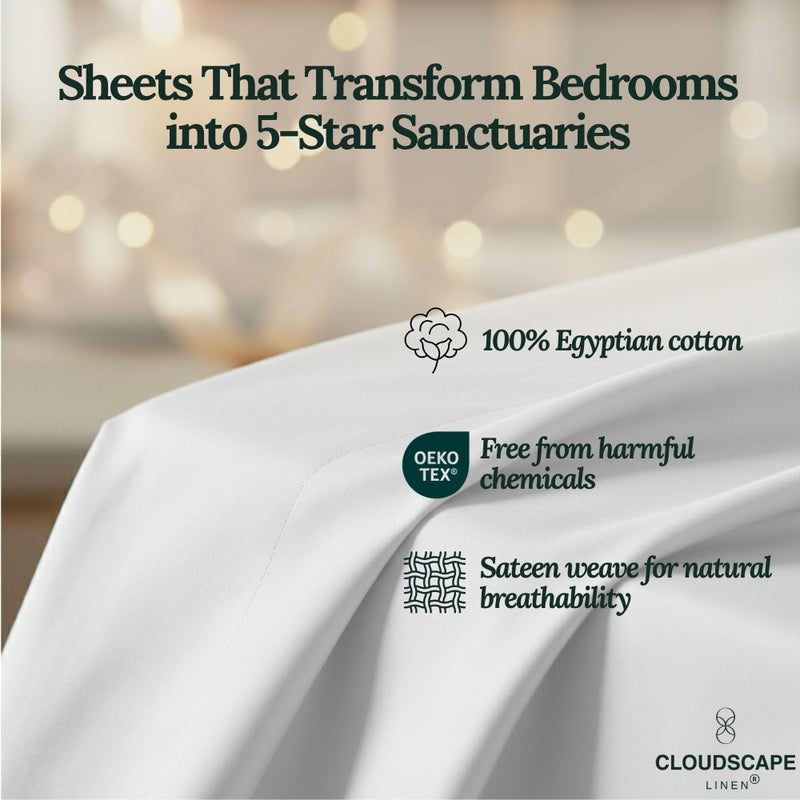 CloudScape Linen Cloud Scape Linen 100% Egyptian Cotton Sheets Queen Size, 4 Piece Breathable & Silky Sateen Weave Queen Sheet Set, Ultra-Soft & Perfect Cooling Hotel Luxury Sheets, Deep Pocket Fitted up to 15â€, White - Image 2