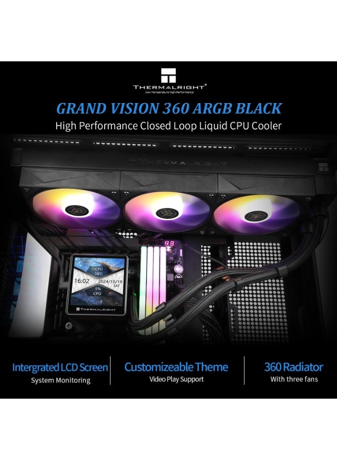 Thermalright Grand Vision 360 ARGB Black CPU AIO Cooler, 360mm Liquid Cooling System, 3.4" IPS LCD Screen (480x480), High-Performance Pump, for AMD AM5 & Intel LGA 1700/1851 - Image 5