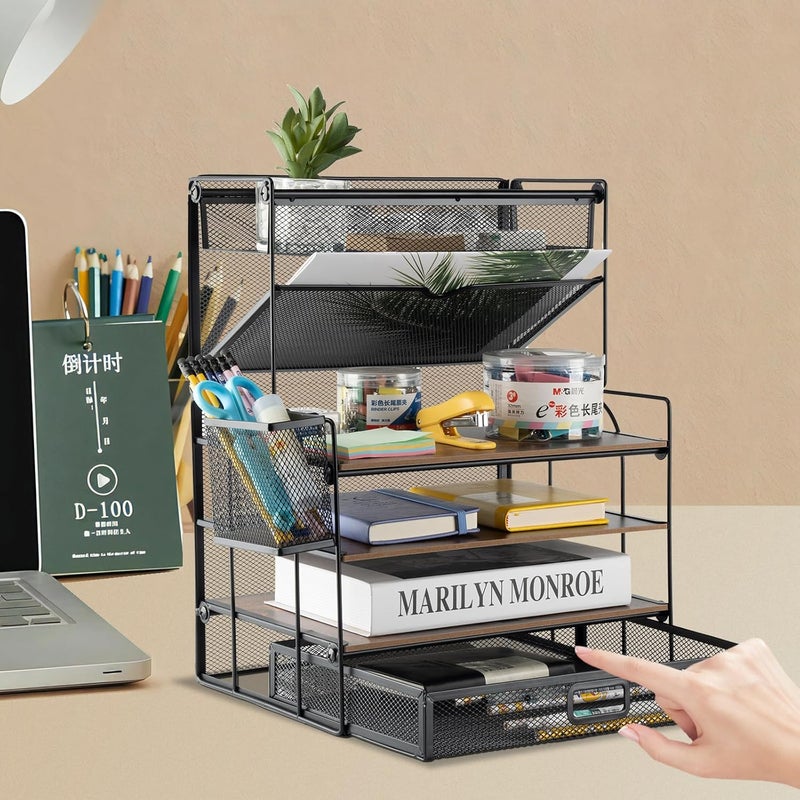 ZNMYDMT 4 Tier Desk Organizers and Accessories, Paper Letter Tray Organizer,Vintage Wood Desk File Organizer with Stationery Tray and Pen Holders for School Home Office Supplies - Image 3