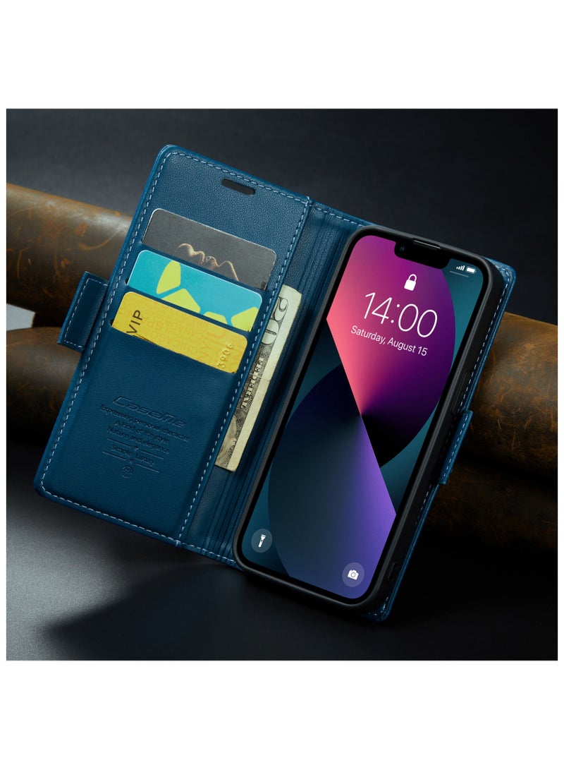 اليشمك Flip Wallet Case for iPhone 15, Leather Magnetic Attachment Flip Case Blue - Image 2