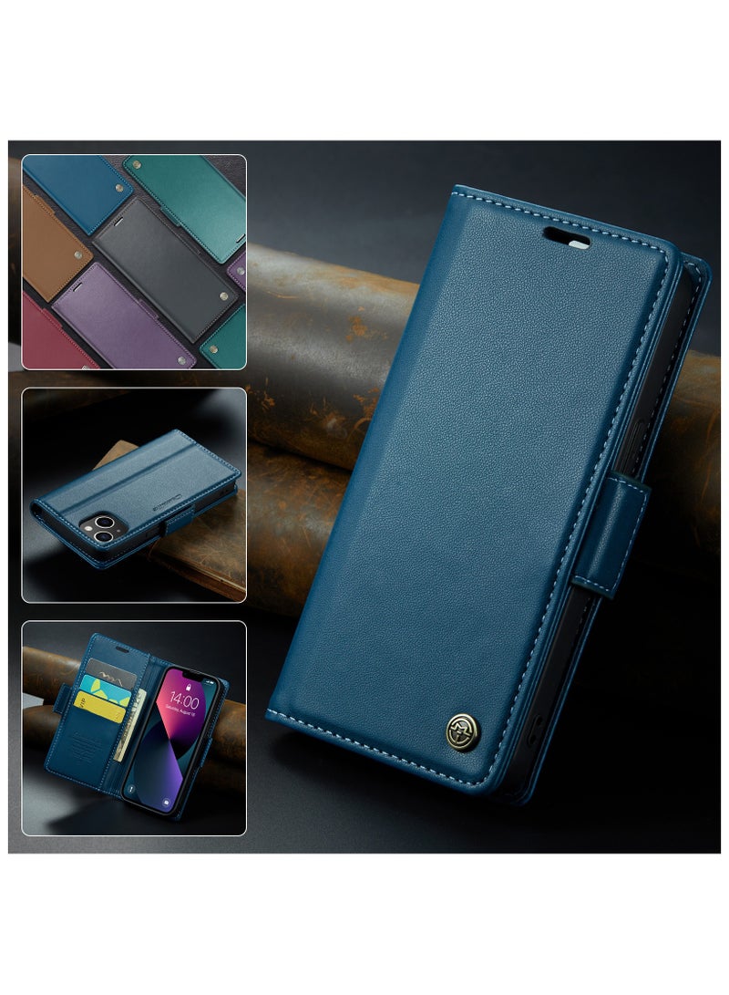 اليشمك Flip Wallet Case for iPhone 15, Leather Magnetic Attachment Flip Case Blue - Image 4