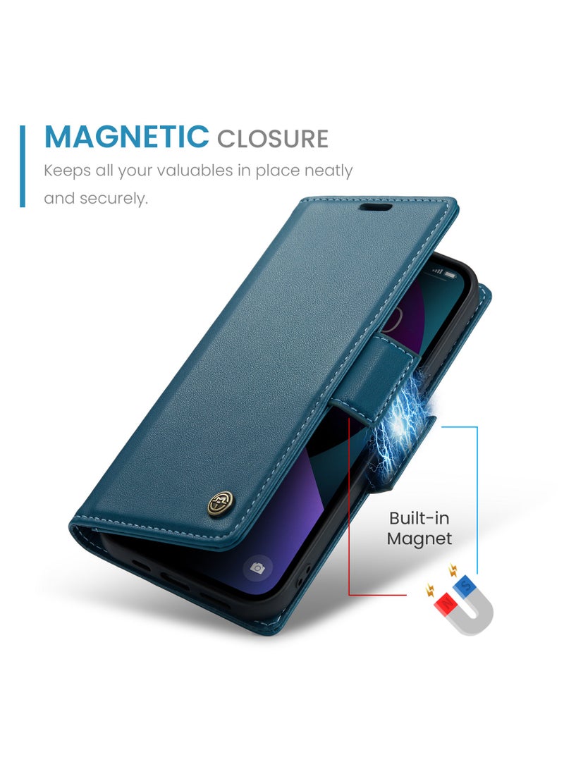 اليشمك Flip Wallet Case for iPhone 15, Leather Magnetic Attachment Flip Case Blue - Image 3