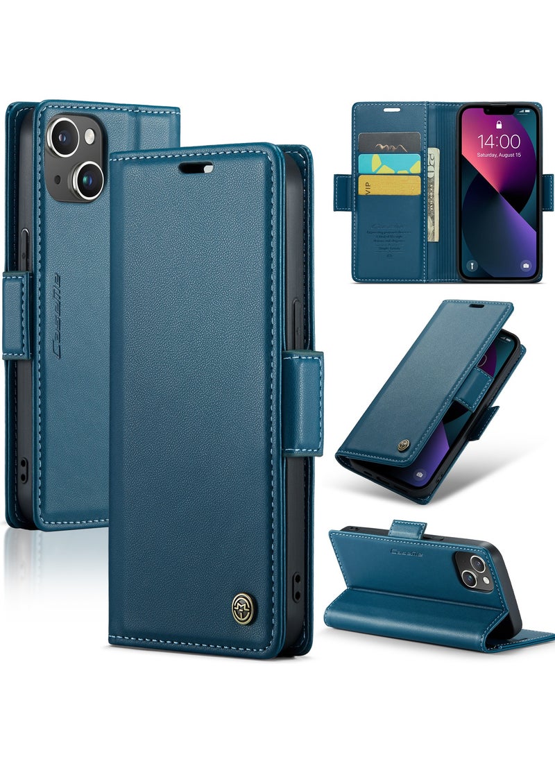 اليشمك Flip Wallet Case for iPhone 15, Leather Magnetic Attachment Flip Case Blue - Image 1