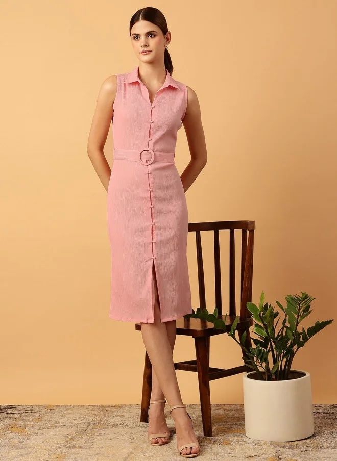 MINT STREET Belted Pink Shirt Style Dress for Women