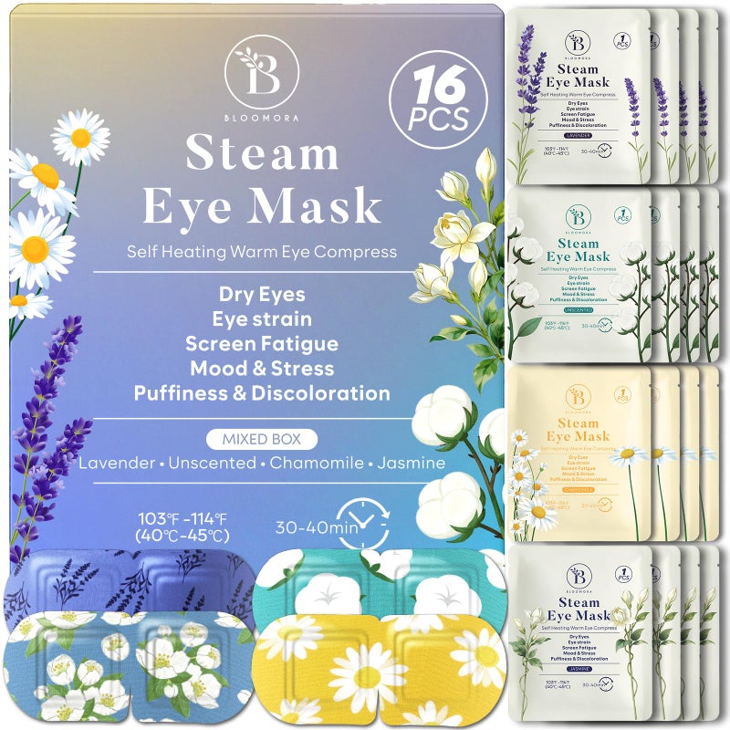 BLOOMORA 16 Pack Steam Eye Mask Variety Set Lavender Chamomile Jasmine and Unscented, Heated Eye Masks for Dry Eyes Puffiness and Relaxation, Self Heating Warm Compress for Sleep and Travel - Image 1
