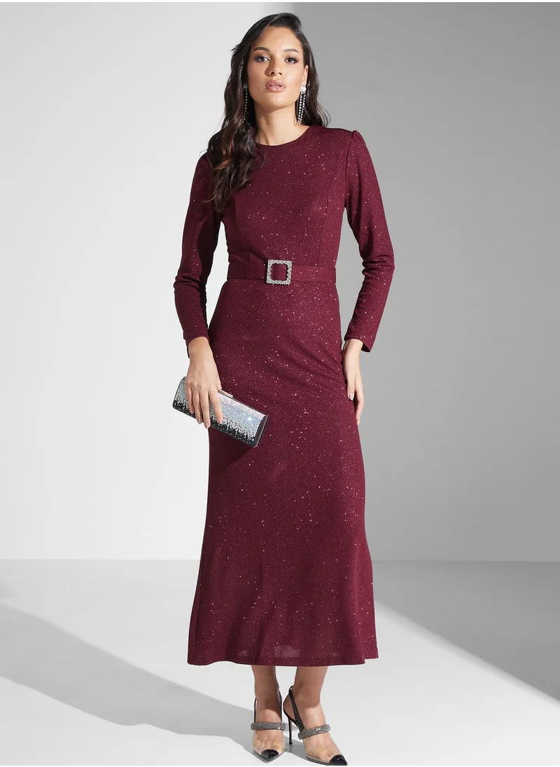 Khizana Belted Shimmer Shift Dress