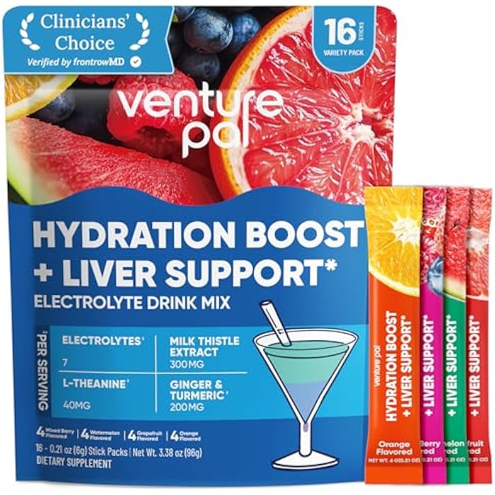 Venture Pal Hydration Packets + Liver Support- Liquid Daily IV Electrolyte Powder Packets with 7 Electrolytes & 5 Vitamins, Milk Thistle + L-Theanine | Sugar-Free | Keto Friendly | Vegan, 16 Sticks - Image 1