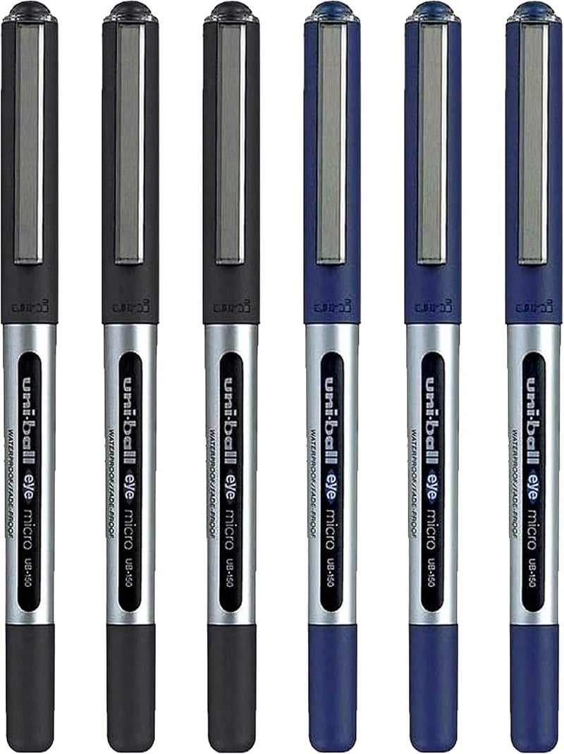Uniball Uni-ball Eye Micro Ub-150 Gel Ink Pen - 0.5 mm - Pack of 6 (3 Black, 3 Blue) - Image 1