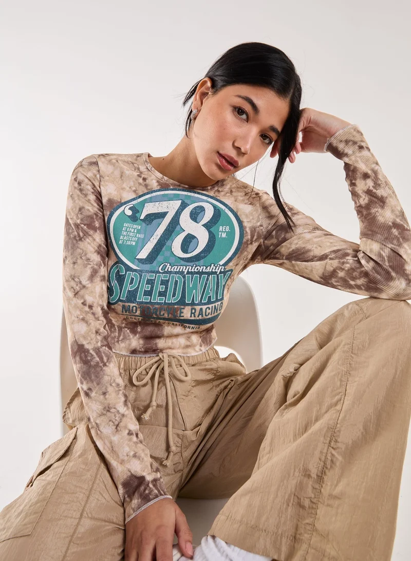 Pink Vanilla  Racer Washed Printed Long Sleeve Top for Women | Best Price UAE
