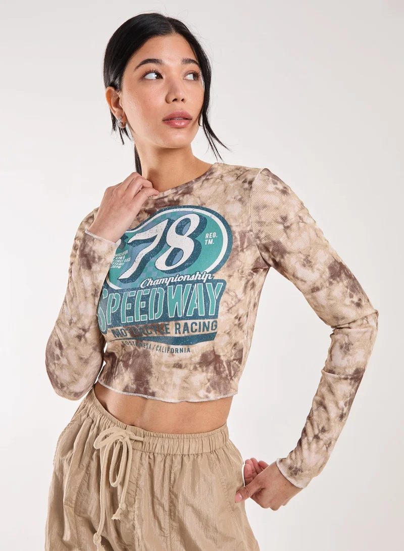 Pink Vanilla  Racer Washed Printed Long Sleeve Top for Women | Best Price UAE