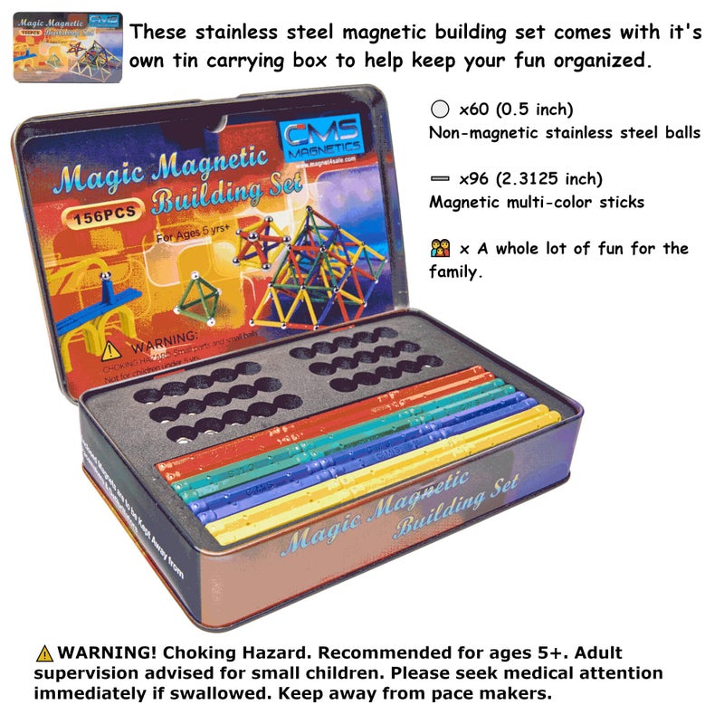 CMS MAGNETICS - (156-Piece Multi-Color Magnet Building Toy Tin Box Case Construction Sticks Set STEM Educational Learning Activity for Brain Development, Creativity, Imagination, Attention Span - Image 2