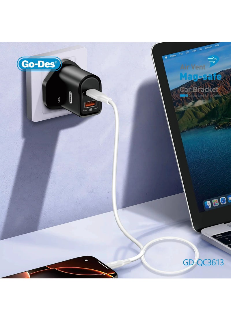 جو-ديز شاحن سفر سريع PD 30 وات بمنفذين USB-C + USB-A مع محول طاقة آمن - أسود - Image 2