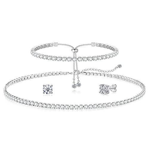 Zeffy Tennis Necklace Jewelry Sets for Women, White Gold Plated Jewelry Set with White AAA Cubic Zirconia, rhinestone choker necklaces, Bridal Jewelry Set for Wedding - Image 1
