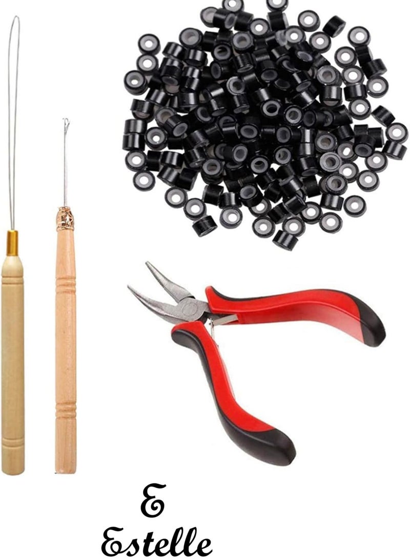 إستيل مجموعة وصلات الشعر من Estelle ، مجموعة وصلات الشعر المستعار كماشة رأس حلقي مع 500 قطعة ملحقات إطالة الشعر من حلقات صغيرة (أسود) - Image 1