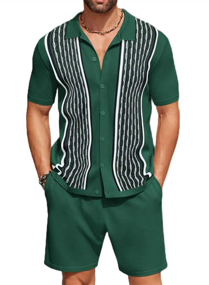 Summer Men's Cool Silk Jacquard Two-piece Knitted Sweater Casual Polo Shirt Fashion Suit - Image 1