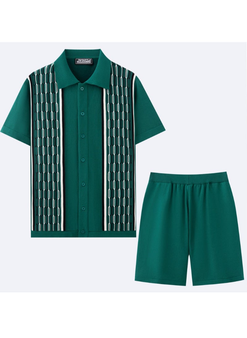 Summer Men's Cool Silk Jacquard Two-piece Knitted Sweater Casual Polo Shirt Fashion Suit - Image 3
